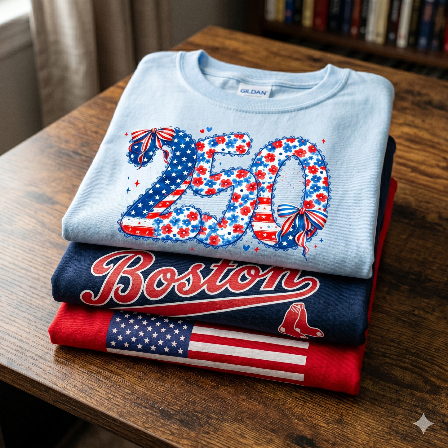 USA 250 Commemorative "Stars & Bows" Graphic Tee – Light Blue