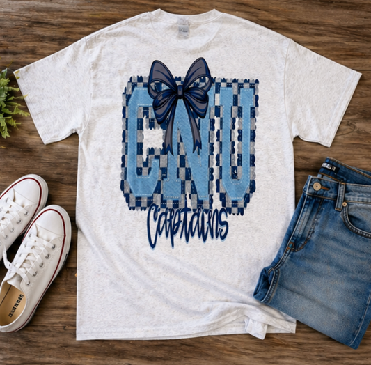 CNU Captains Bow Patchwork Tee | Front & Back College Shirt | Ash Gray Graphic Tee