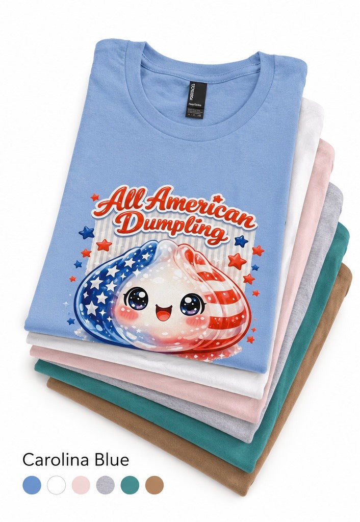All American Dumpling Patriotic Graphic Tee | Cute Fourth of July Shirt | Kawaii USA Independence Day T-Shirt | Carolina Blue