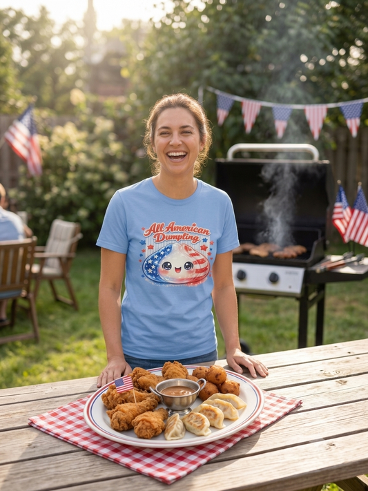All American Dumpling Patriotic Graphic Tee | Cute Fourth of July Shirt | Kawaii USA Independence Day T-Shirt | Carolina Blue