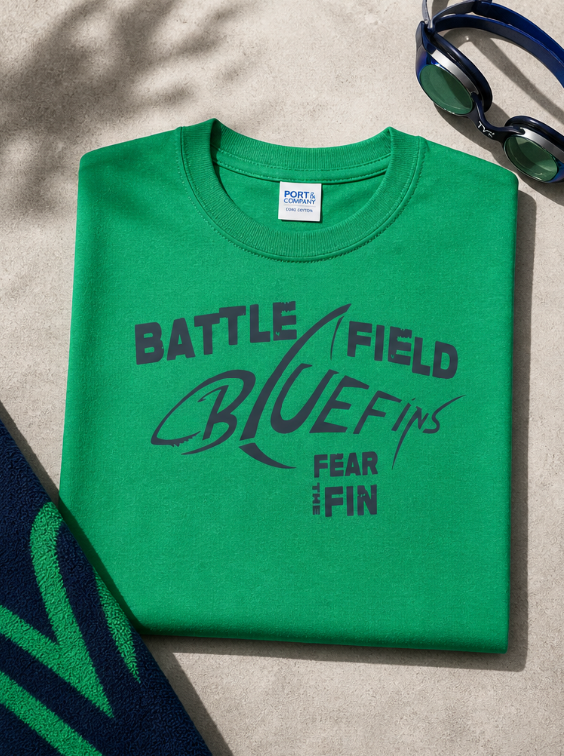 Battlefield Bluefins Swim Team Tee | Navy and Kelly