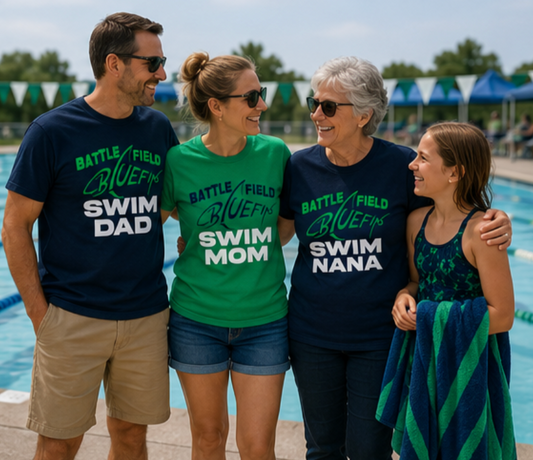 Custom Swim Team Family Tee – Personalized Mom, Dad, or Grandparent Shirt | Bluefins Swim Gear