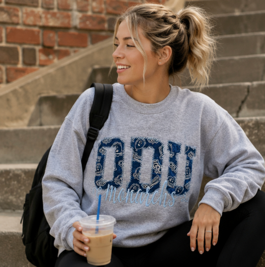 ODU Monarchs Appliqué Sweatshirt | Old Dominion University Crewneck | Athletic Grey College Sweatshirt | Boutique ODU Spirit Wear