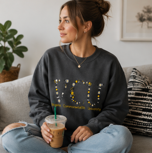 VCU Floral Embroidered Sweatshirt | Virginia Commonwealth University Crewneck | Charcoal College Sweatshirt | Boutique VCU Apparel