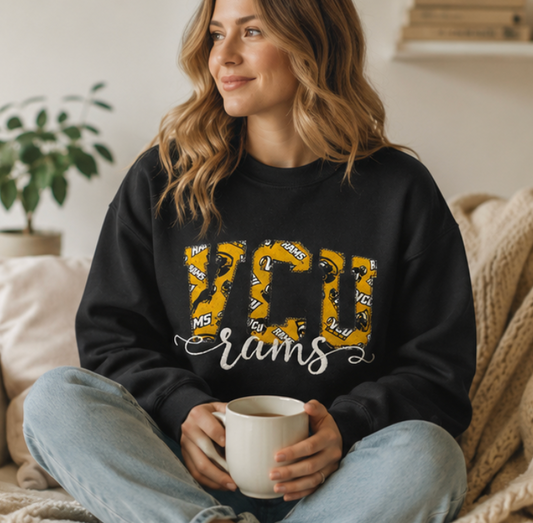 VCU Rams Appliqué Sweatshirt | Black Jerzees Nublend Fleece Crewneck | Custom College Spirit Pullover