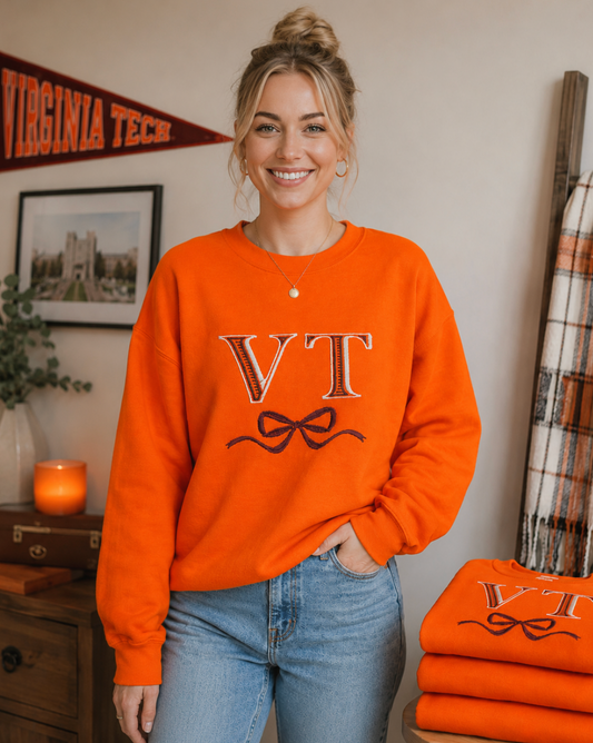 Virginia Tech VT Bow Sweatshirt | Orange Hokies Crewneck | Embroidered VT Sweatshirt | Virginia Tech Game Day Apparel