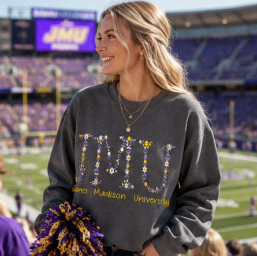 JMU Floral Embroidered Sweatshirt | James Madison University Crewneck | Charcoal Floral College Sweatshirt | Boutique Dukes Apparel