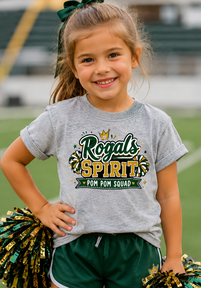 Royals Spirit Pom Pom Squad Youth Tee | Athletic Grey Cheer Spirit Shirt | School Pride T-Shirt