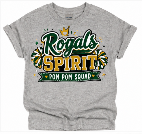 Royals Spirit Pom Pom Squad Youth Tee | Athletic Grey Cheer Spirit Shirt | School Pride T-Shirt