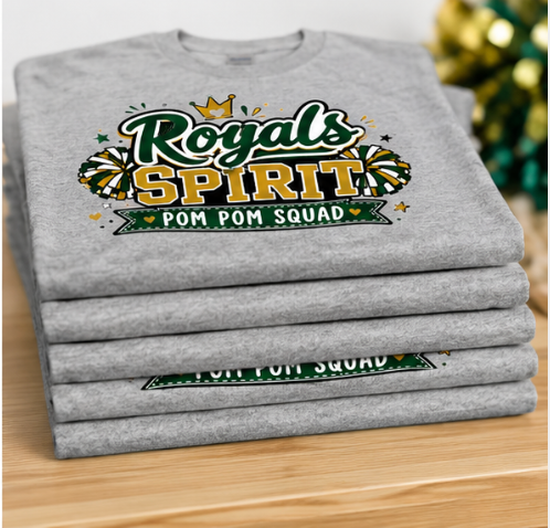 Royals Spirit Pom Pom Squad Youth Tee | Athletic Grey Cheer Spirit Shirt | School Pride T-Shirt